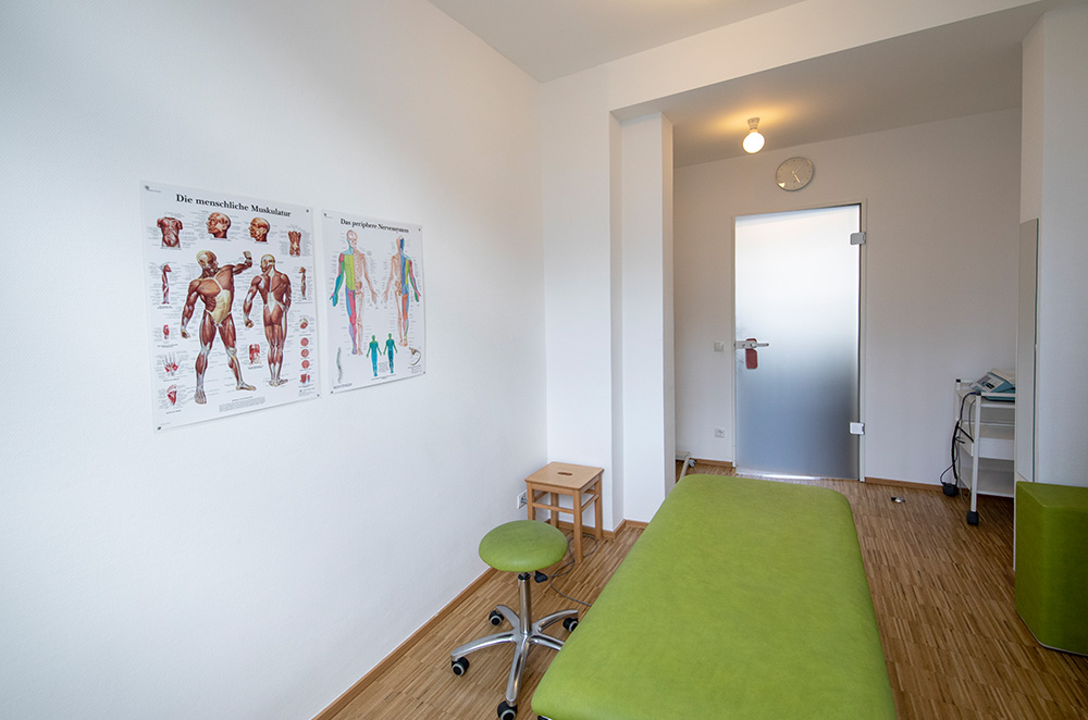 Zweiter Behandlungsraum mit Muskulatur-Postern und grüner Liege